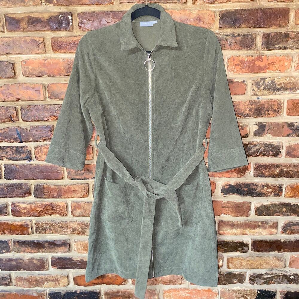 B.Young Army Green 3/4 Sleeve Zip-Front Corduroy Mini Dress Women's Size Small